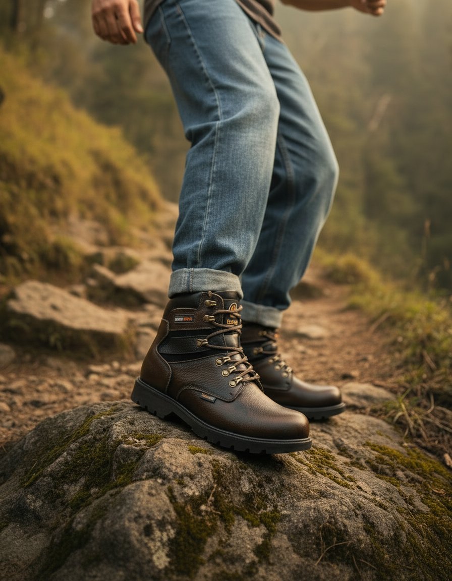 AI product photo — brown leather hiking boots on mossy rock trail