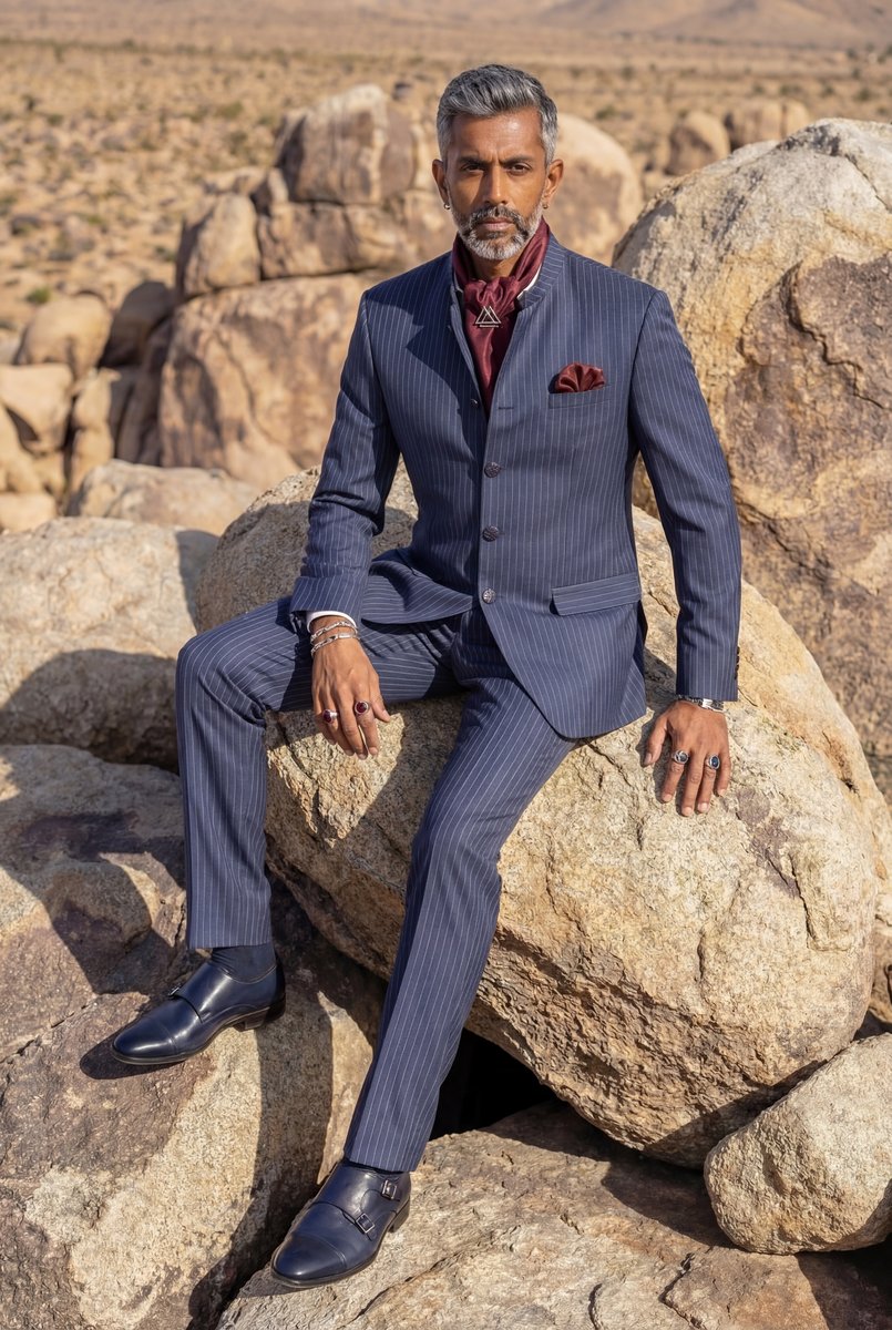 AI-generated men's fashion — navy pinstripe suit seated on desert rocks