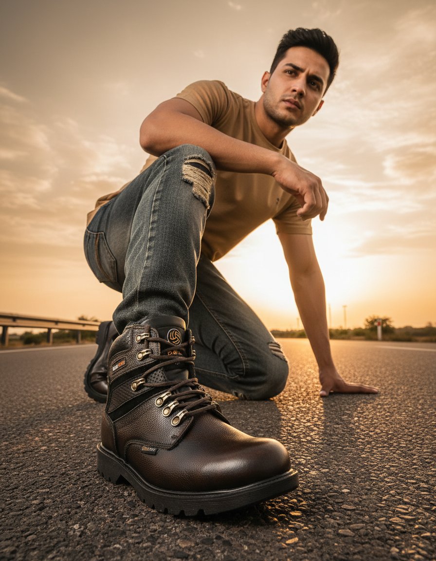 AI product photo — man crouching on road with leather boots at sunset