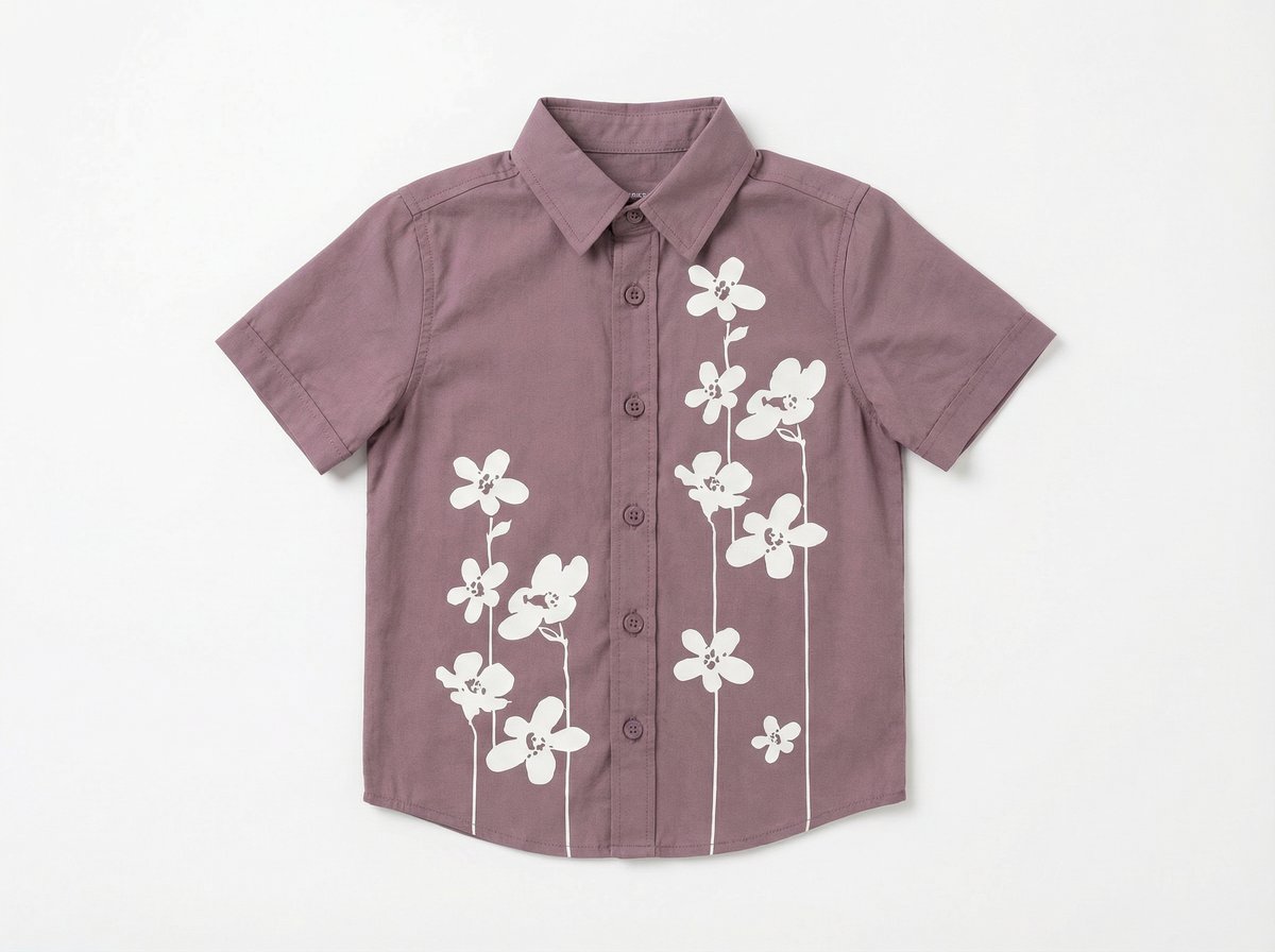 AI product photo — mauve kids shirt flat-lay with white floral print