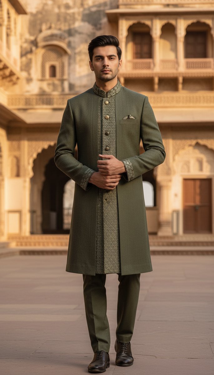 AI-generated ethnic wear — olive green sherwani at palace courtyard