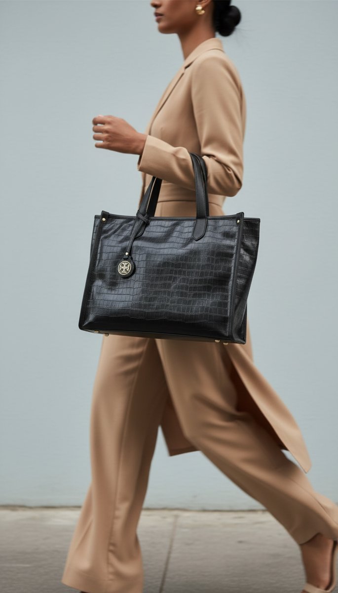AI product photo — black crocodile-embossed tote bag, model walking in beige suit
