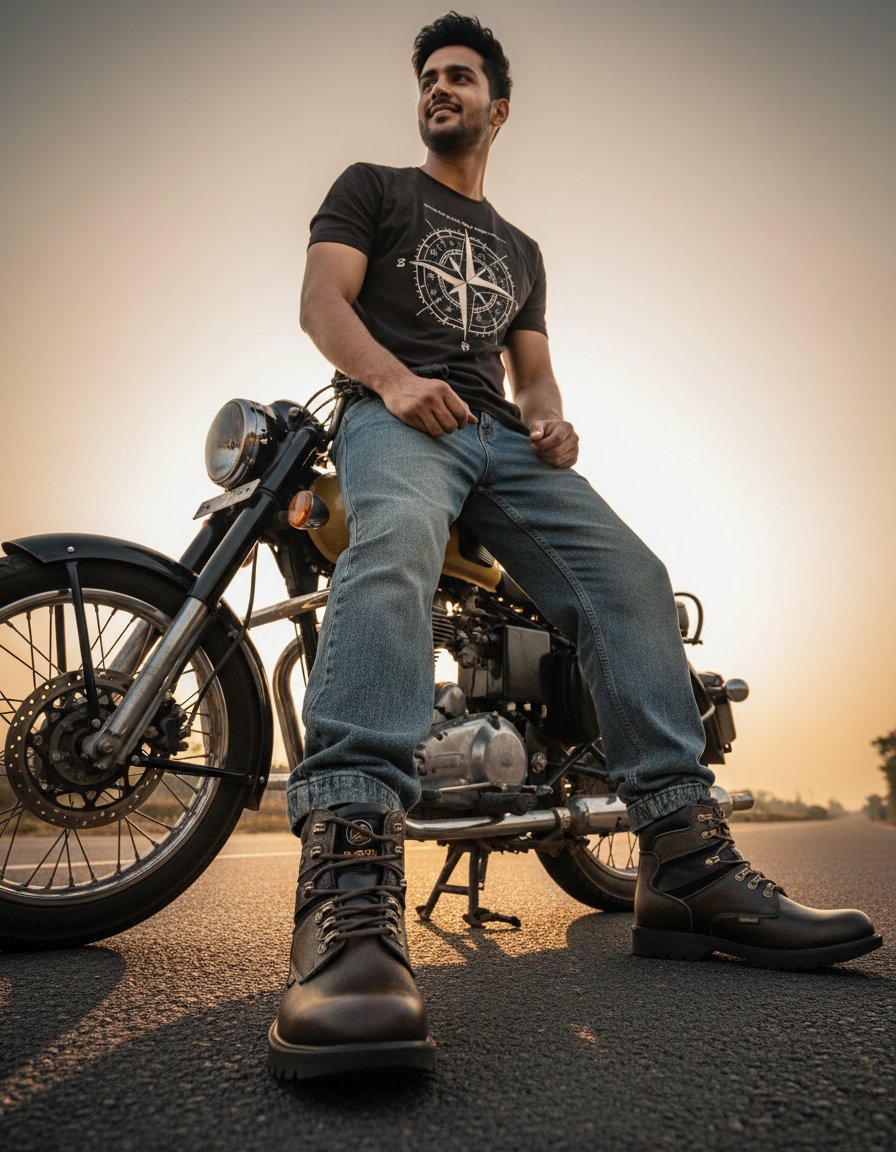 AI product photo — man on vintage motorcycle in compass-print tee at sunset