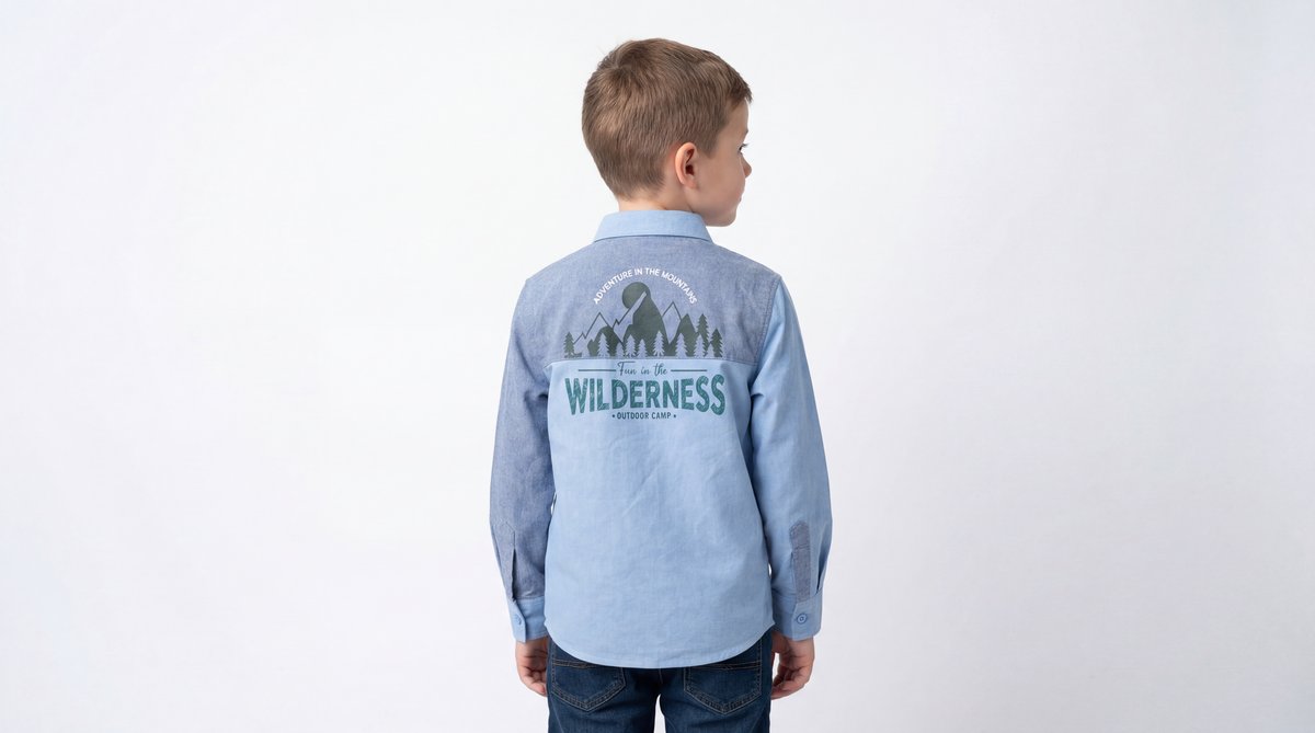AI product photo — boy in light blue Wilderness mountain print shirt, back view